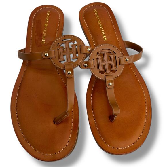 Tommy Hilfiger Logo Sandals Size 10 Brown Litzy T-Strap Flip Flop Flat Thong EUC - Picture 2 of 10